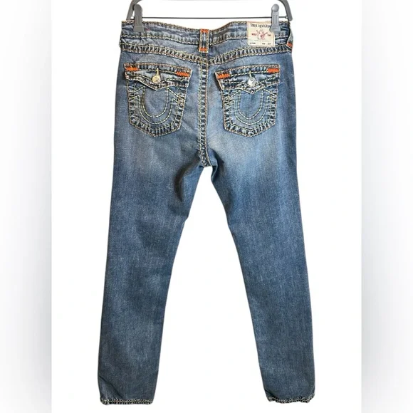 Women’s True Religion Y2K Orange Stitch Billie Mid Rise Straight Jeans Size 32 - Picture 4 of 7